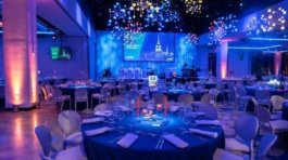 Mesmerizing Blue Lights Decor Ideas with Hanging Chandelier in NYC Event Space