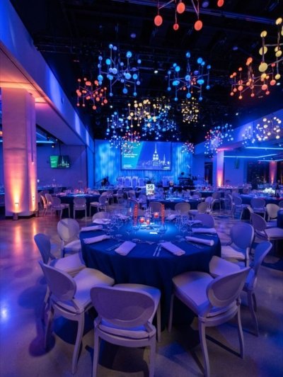Mesmerizing Blue Lights Decor Ideas with Hanging Chandelier in NYC Event Space