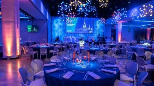 Mesmerizing Blue Lights Decor Ideas with Hanging Chandelier in NYC Event Space