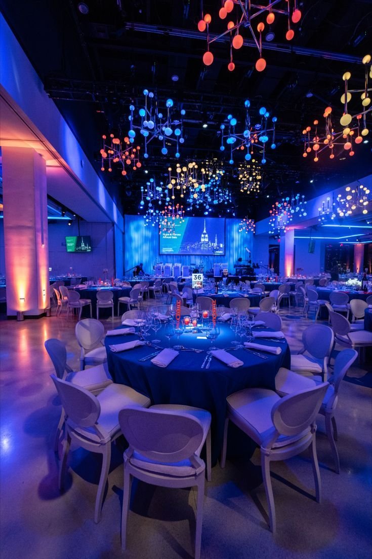Mesmerizing Blue Lights Decor Ideas with Hanging Chandelier in NYC Event Space